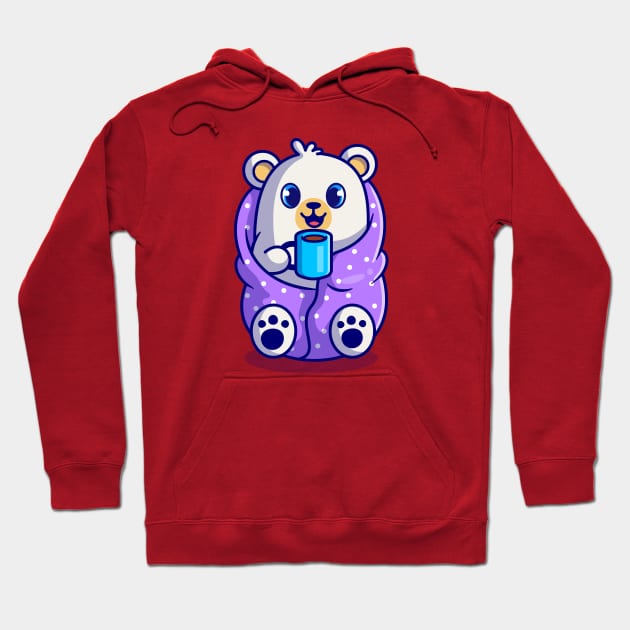 Cute Polar Bear Wearing Blanket And Drink Hot Coffee Cup Cartoon Hoodie by Catalyst Labs